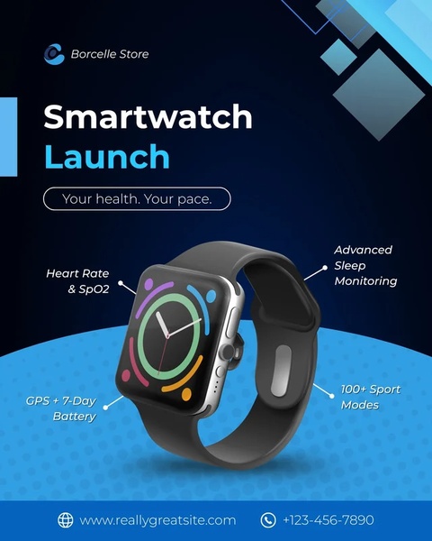 smartwatch, fitness tracker, smart watch, wearable device, activity tracker, health monitor, sport watch, product launch, modern typography, bold, energetic, blue, neutral
